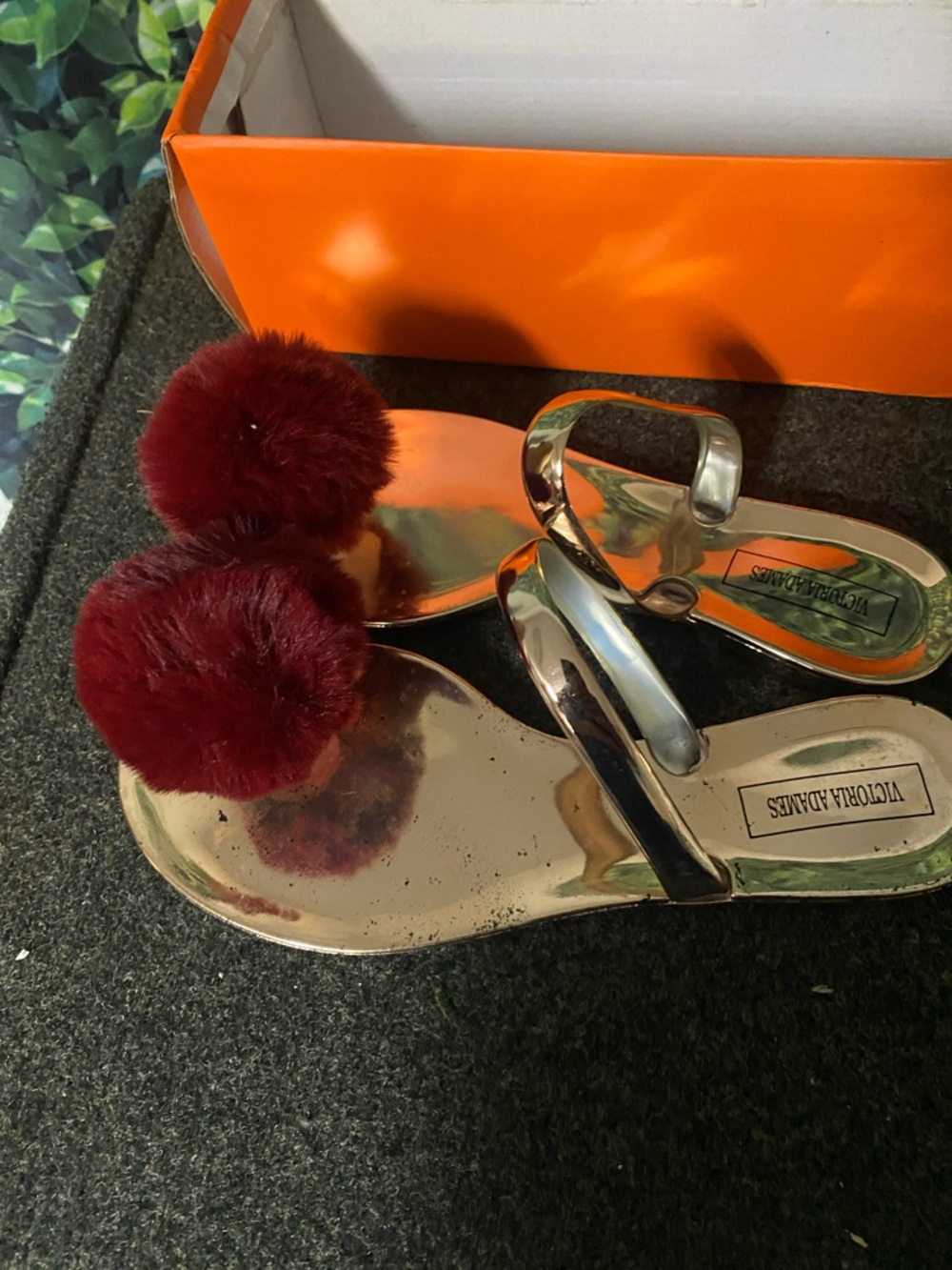 Victoria Adams Silver Sandals with Burgundy Pom Poms